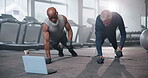 Gym, training and mature men, laptop and watch of video for exercise, fitness and practice with dumbbells. Club, friends and people with internet, workout and gear for wellness, muscle and healthy