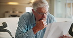 Paperwork, sofa and senior man with stress for loan payment, financial bills and insurance. Elderly person, retirement and frustrated with documents for pension , healthcare debt and invoice at home