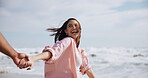 Happy, couple and running with holding hands on beach for freedom, excited and travel adventure on romantic holiday for anniversary. Man, woman and together with ocean waves, love and support.