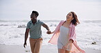Couple, holding hands and run on beach happy with love for romantic date, relationship support or travel together. Man, woman and vacation on seashore for adventure, explore and summer sunset holiday
