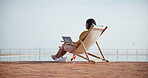 Laptop, relax and woman outdoor for remote work, blog or copywriter writing travel article in summer. Freelancer, vacation or girl typing information for project, email or website on mockup back view