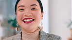 Face, happy and ambition with a business asian woman in her office for future company growth. Portrait, smile or success and a young female employee in a workplace with a vision of development