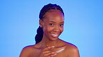 Skincare portrait, beauty cream and black woman with a smile from skin glow and lotion. Isolated, blue background and young female with cosmetics, dermatology and spa treatment with happiness