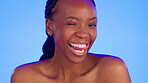 Skincare, face and black woman with tongue out in studio for wellness, hygiene and body care on blue background. Beauty, portrait and girl model relax with luxury, glow and cosmetics while isolated 