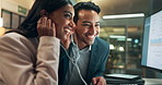 Business people, music and teamwork in office at night with fun, audio and listening to song on computer screen. Colleagues, producer or analyst with sound, sample or data for musician talent search