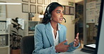 Business woman, consultant and night with headphones at call center for customer service, support or telemarketing. Young female person, agent or employee talking for online advice or help at office