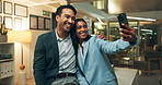 Happy, business people and hug with selfie at night for photography, memory or moment at office. Businessman and woman working late with smile for picture, capture or friendship together at workplace