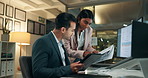 Businessman, night and documents with tablet for analytics, finance or corporate budget at office. Young business people working late with paperwork and technology for discussion on project deadline