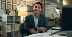 Happy, businessman and night with pride for completion, done or finished with project deadline at office. Portrait of young man or employee with smile for proud career or confidence at workplace