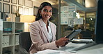 Indian woman, tablet and night in office with face, reading and smile for notification, schedule and deadline. Person, digital touchscreen and happy in workplace with contact, application or email