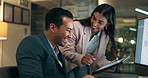 Laugh, tablet and business people on computer in office for planning, collaboration and website. Corporate, finance company and man and woman on digital tech for online joke, research and internet