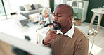 Mature, businessman and thinking of solution in office for financial growth and company profit with whiteboard. Boss, black person and problem solving on investment report with planning and strategy