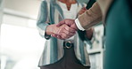 Business people, handshake and meeting with partnership for hiring, agreement or deal at office. Employees or colleagues shaking hands for opportunity, recruiting or greeting in teamwork at workplace
