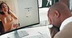Website, screen and business man on computer for login information, password and homepage access. Professional, corporate and person stress on pc for internet, online site and research  in office