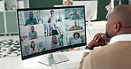Video call, office and business man on computer for conversation, online seminar and virtual meeting. Communication, corporate team and back of person for discussion, talking and webinar at desk