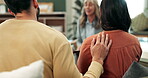 Marriage, counselling and comfort in therapist office for discussion, support or relationship problem. Back view, sad man and woman with psychologist for conversation, advice or mental health