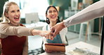 Teamwork, business women and fist bump in office for support, collaboration or motivation. Trust, diversity and female employees together for synergy, community or unity at landscape design agency