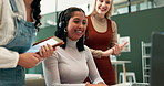 Excited, startup and team in office with computer, happiness and success in crm with headset. Women, teamwork and applause for sale with wow, promotion and collaboration for communication with tech