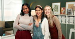 Diversity, women and hug portrait of creative team in office for meeting, team building or project planning. Happiness, collaboration and work friends together in coworking space with workplace