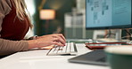 Hands, business and woman with keyboard, typing and computer with graphic designer, startup and internet. Person, closeup and entrepreneur with pc, message and research for project, email or proposal