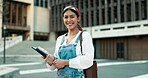 Woman, university student and happy in outdoor on portrait with textbook for information and knowledge. Girl, confident and smile or proud on campus as learner for education, studying and academics