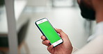 Business, green screen and man with smartphone, hand and internet for social media, connection and digital app. Closeup, mockup space or consultant with cellphone, mobile user or texting with message