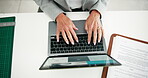 Hands, typing and keyboard in office, document and laptop for trader, online and working for investment. Closeup, computer and research with internet, professional and person in corporate and desk