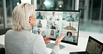 Mature woman, office and computer screen for video call in conference or online meeting and teamwork. Business person, boss and conversation in virtual seminar or webinar at workplace with feedback