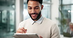 Smile, man and tablet for web design idea with research, planning and communication. Networking, corporate worker and person on digital tech for schedule, touchscreen for reading and social media