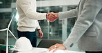 Shaking hands, deal and engineering team in office for agreement, partnership or building contract. Greeting, welcome and male construction worker with contractor for handshake on industry project.