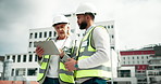 Tablet, manager and construction worker on site of rooftop for planning building maintenance in city. Teamwork, digital technology and mature contractor with industrial builder for repairs in town.