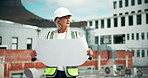 Woman, blueprint and building for engineering thinking, idea for city planning or new project. Female engineer, outdoor or safety gear for urban development, thoughtful with document for construction