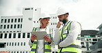 Team, engineering and tablet on building for planning, idea and strategy outdoors. Man, woman and architecture with technology for construction, discussion and solar energy on rooftop for design