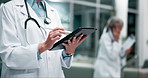 Tablet, pen and hands of doctor in clinic for research on treatment, diagnosis or cure. Online, career and closeup of healthcare worker with digital technology for telehealth in medical hospital.