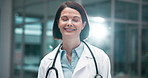 Portrait, doctor and mature woman with stethoscope, outdoor and happy with healthcare, science and smile. Hospital, face and medical professional with equipment of wellness, specialist and confidence