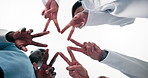 Teamwork, star and hands of people for support, solidarity and healthcare in low angle below. Group, peace sign and collaboration together for community of medical doctors or nurse in cooperation