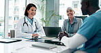 Woman, laptop and doctor for medical advisor and meeting, discussion or planning for health insurance. Report, conversation and man brainstorming for mature healthcare consultant in hospital business