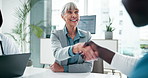 Doctors, happy and people with shaking hands in hospital for agreement, partnership and recruitment deal. Medical team, healthcare and handshake in office for onboarding, welcome and human resources