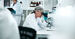 Microscope, sample and science with woman in laboratory for breakthrough, discovery or experiment. Innovation, medicine and specimen with mature scientist at work on cure or vaccine for research