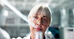 Senior woman, chemical and pipette for scientist in lab, chemistry or medical research for pharmacy and development. Biotech, science experiment and liquid for test tube, synthesis and drug invention