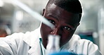 Black man, chemical and pipette for scientist in lab, chemistry or medical research for pharmacy and development. Biotech, science experiment and liquid for test tube, synthesis and drug invention