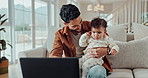 Laptop, baby and home with dad and video for education, learning and youth development. Love, care and father with kid cartoon and website series with family and computer in a living room with movie