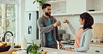 Wellness, smoothie and couple in kitchen with drink for health, diet and detox after workout. Dating, home and man and woman with vegetables or fruit for green juice, protein shake and milkshake