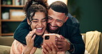 Couple, laugh and couch for hug with smartphone, smile and love in home for relationship bonding together. Lounge, woman browsing and man happy for meme on social media, affection and reading post