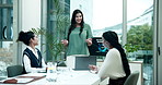 Business people, presentation or tablet for teamwork, meeting and collaboration in office for review. Planning, online results and discussion for feedback, news and project research for sharing ideas