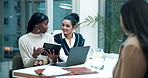 Business women, discussion and tablet for financial report, review and collaboration. Brainstorming, communication and company growth strategy, graphs and charts with group for project planning