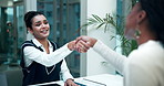 Business, woman and handshake in office meeting, welcome and recruitment interview for collaboration. B2B, teamwork and hand gesture for on boarding, introduction and negotiation for company growth