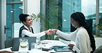 Business, woman and handshake in happy office, company negotiation and welcome or introduction with documents. B2B, deal and teamwork collaboration together, employee and partnership conversation