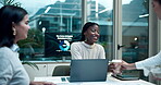 Coffee, laptop and meeting with business women in boardroom of office together for discussion. Computer, delivery and thank you with employee team in creative workplace for project management