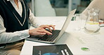 Woman, hands and typing on laptop in workplace, online communication and business report with employee. Planning, schedule and company agenda or social networking, research and professional browsing
